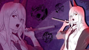 兩個有狐狸耳朵的動漫女孩在紫色場景中與惡魔面孔戰鬥。 — 鏈鋸人 壁紙