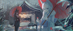 兩個有狐狸耳朵的動漫女孩在雪中的神社裡撐著紅傘。 — 碧藍航線 壁紙