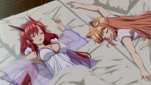 兩個有角和耳朵的動漫女孩穿著睡衣在床上睡覺。 — 野獸先生 壁紙