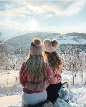 兩個戴著冬季毛帽的女人在日出時於雪山上擁抱。