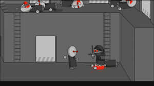 兩個卡通人物在灰色房間中，上方有屍體，地板上有血。 — 電玩遊戲 GIF 壁紙