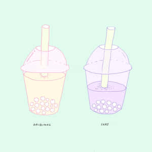 兩個珍珠奶茶杯，標示 original 和 taro，附有吸管，背景為薄荷色。 — 咖啡美學 壁紙
