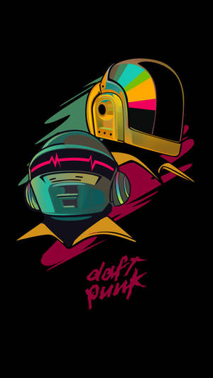 Daft Punk 頭盔，帶有彩色霓虹細節和運動線條，背景為黑色。 — 達巴比 壁紙