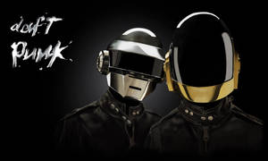 兩個戴著銀色和金色頭盔的機器人音樂家，帶有 Daft Punk 標誌。 — 傻瓜龐克 壁紙