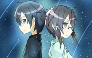 兩個灰色頭髮的動漫角色在星空藍天下背靠背站立。 — 艾莉塔：戰鬥天使 壁紙