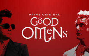 兩個男人側面夾著紅色背景上的 Good Omens 標題。 — 好預兆 壁紙