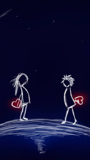 兩個火柴人在波浪上手持發光愛心，背景是星空。 — 黑板 壁紙