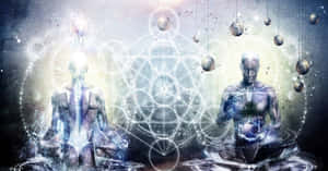 在神秘的宇宙場景中，兩個冥想的人物被漂浮的行星和神聖幾何圖形所環繞。 — 禪 GIF 壁紙