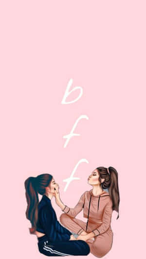 兩個穿著休閒服的女孩在粉紅色背景上分享溫馨時刻，帶有發光的「bff」字母。 — 可愛粉色女孩 壁紙