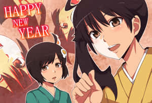 兩個穿著傳統日本服飾的動漫角色在喜慶的紅色和金色背景前慶祝新年。 — 夢核 壁紙
