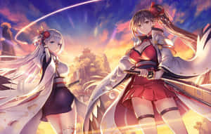 兩個穿著傳統服裝的動漫女孩，在發光的日落天空下手持劍。 — 碧藍航線 壁紙