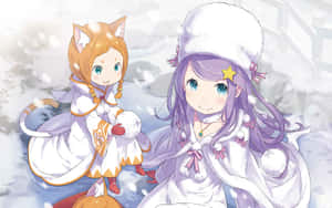 兩個穿著冬季服裝的動畫女孩享受著下雪天。 — 春野櫻 壁紙