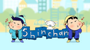 兩個男孩和一隻狗拿著一個Shinchan標誌，周圍有音符。 — 小熊維尼狡猾 壁紙