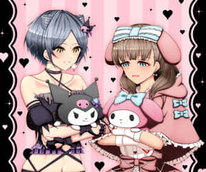 兩個穿著女僕裝的動漫女孩抱著Kuromi和My Melody，伴隨著心形和閃光。 — 我的旋律 壁紙