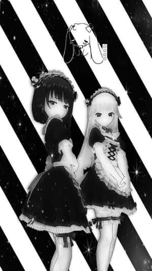 兩個戴著兔耳朵的動漫女僕，站在黑白條紋的星星背景上。 — 日本動漫 壁紙
