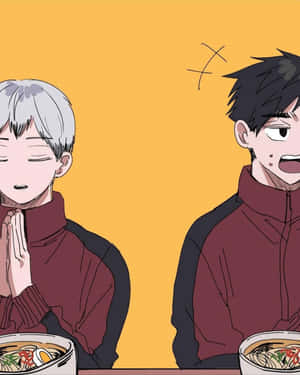 兩個動漫男孩在拉麵桌旁，一個冷靜，一個震驚流汗 — 手球 壁紙