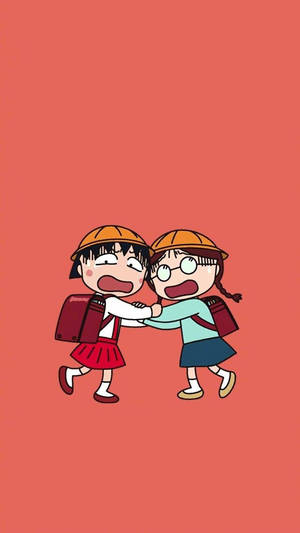 兩個動漫女學生在珊瑚色背景前玩拉扯手臂的遊戲。 — 櫻島麻衣 壁紙