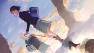 兩個動漫女學生在夢幻般的天空中漂浮，有雲朵和金色光芒。 — 日式藝術 壁紙