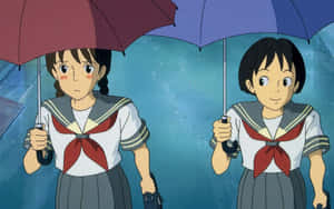 兩個動漫女學生在雨中撐傘，表情各異。 — 鹿丸 壁紙