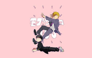 兩個穿著校服的動漫男孩在粉紅色背景上半空中打鬥。 — 路人超能100 GIF 壁紙