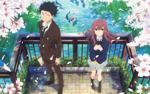 兩個穿著校服的動漫學生站在櫻花下的錦鯉池旁。 — 聲之形 GIF 壁紙