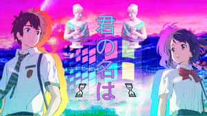 兩個穿著校服的動畫學生在故障霓虹場景中站在發光的雕像前。 — 動漫 壁紙