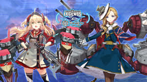 兩個穿著海軍服裝的動漫女孩在數位海洋場景中與戰艦擺姿勢。 — 電玩遊戲 GIF 壁紙