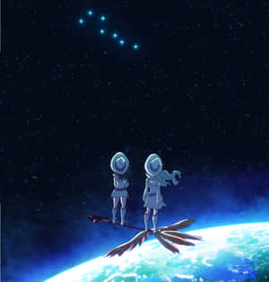 兩個動漫女孩在帶翼的箭上，夜晚凝視著地球上方星星。 — Pixel 9 Pro Fold 壁紙