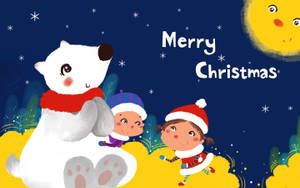 孩子和北極熊在微笑的月亮和雪花下慶祝聖誕節。 — 北極熊 壁紙