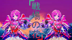 兩個穿著粉紅色盔甲的動漫戰士，帶有故障效果和日文字幕。 — 戰士 壁紙