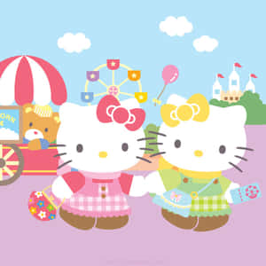 兩個Hello Kitty角色在嘉年華會上手牽手，旁邊有摩天輪和棉花糖車。 — 魯夫微笑 壁紙