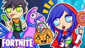穿著萬聖節服裝的Fortnite角色，帶著紫色馬和糖果籃。 — The Krew 壁紙