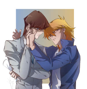 兩個穿著西裝的動漫男子緊密擁抱，其中一人捧著另一人的臉。 — Galaxy Z Flip7 FE 壁紙