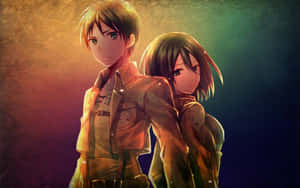 兩個穿著軍服的動漫角色靠近站立，其中一個在哭泣。 — 米卡莎·阿卡曼 壁紙