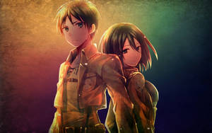 兩個穿著制服的動漫士兵在溫暖的背光下緊密站立。 — 進擊的巨人 4K 壁紙