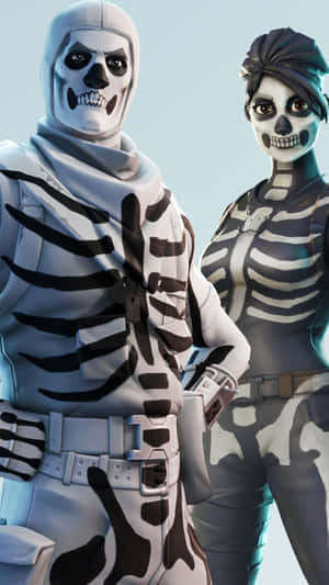 兩個穿著骷髏服裝的Fortnite角色一起擺姿勢。 — 紫色的人 壁紙