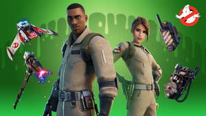Fortnite 角色打扮成魔鬼剋星，質子背包在他們周圍漂浮。 — 魔鬼剋星 壁紙