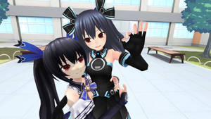兩個動漫女孩在學校庭院中揮手 — Vrchat 壁紙