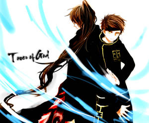 兩個穿著黑色服裝的動漫角色被藍色能量條紋包圍。 — 神之塔 壁紙
