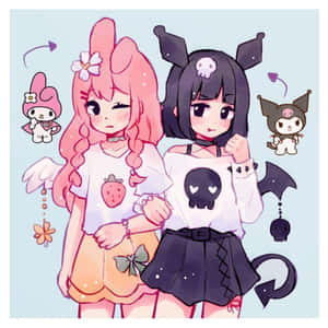 兩個穿著粉紅色和黑色惡魔主題服裝的動漫女孩，附近漂浮著My Melody和Kuromi毛絨玩具。 — 庫洛米 壁紙