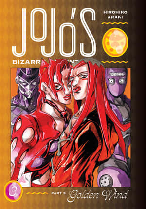 JoJo的奇妙冒險漫畫封面，有兩個紅髮角色，身後有戴面具的人物。 — iPhone Duo 壁紙
