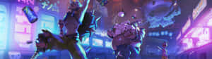 兩個動漫戰士在霓虹燈照亮下的遊戲機中心內戰鬥，周圍有漂浮的罐子和發光的招牌。 — 32:9 壁紙