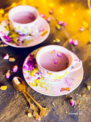 兩個花卉圖案的茶杯，裝有粉紅茶和玫瑰花瓣，放在木桌上，配有金黃色湯匙。 — iPad Pro 12.9 壁紙