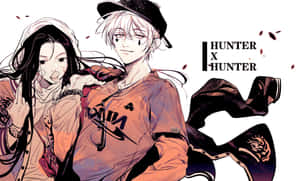 兩個來自Hunter x Hunter的動漫角色，與落葉和標誌一起擺姿勢。 — 鍾離 壁紙