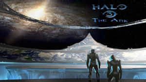 兩個裝甲人物從太空站望向地球，上方有Halo 3標誌。 — 最後一戰：無限 4K 壁紙