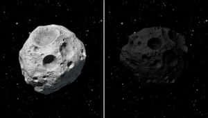 在星空背景下，以兩種不同光照條件展示帶有隕石坑的小行星。 — 星際效應 壁紙
