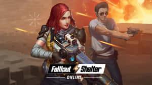 兩個玩家在 Fallout Shelter Online 中，在熾熱的荒原上瞄準武器。 — 異塵餘生：新維加斯 壁紙