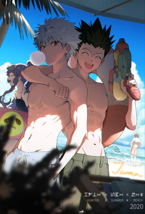兩個肌肉發達的動漫男子在陽光明媚的海灘上擁抱，一個吹泡泡，另一個拿著水槍。 — 殺戮魅影 壁紙