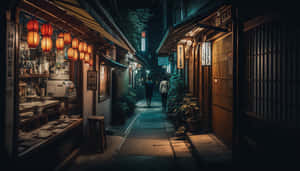 兩個人在夜晚穿過燈籠照亮的日本小巷。 — 唐人街 壁紙