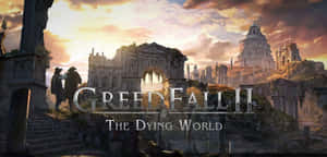 兩名冒險者在 GreedFall II The Dying World 中於夕陽下俯瞰古老廢墟。 — 貪婪之秋 壁紙